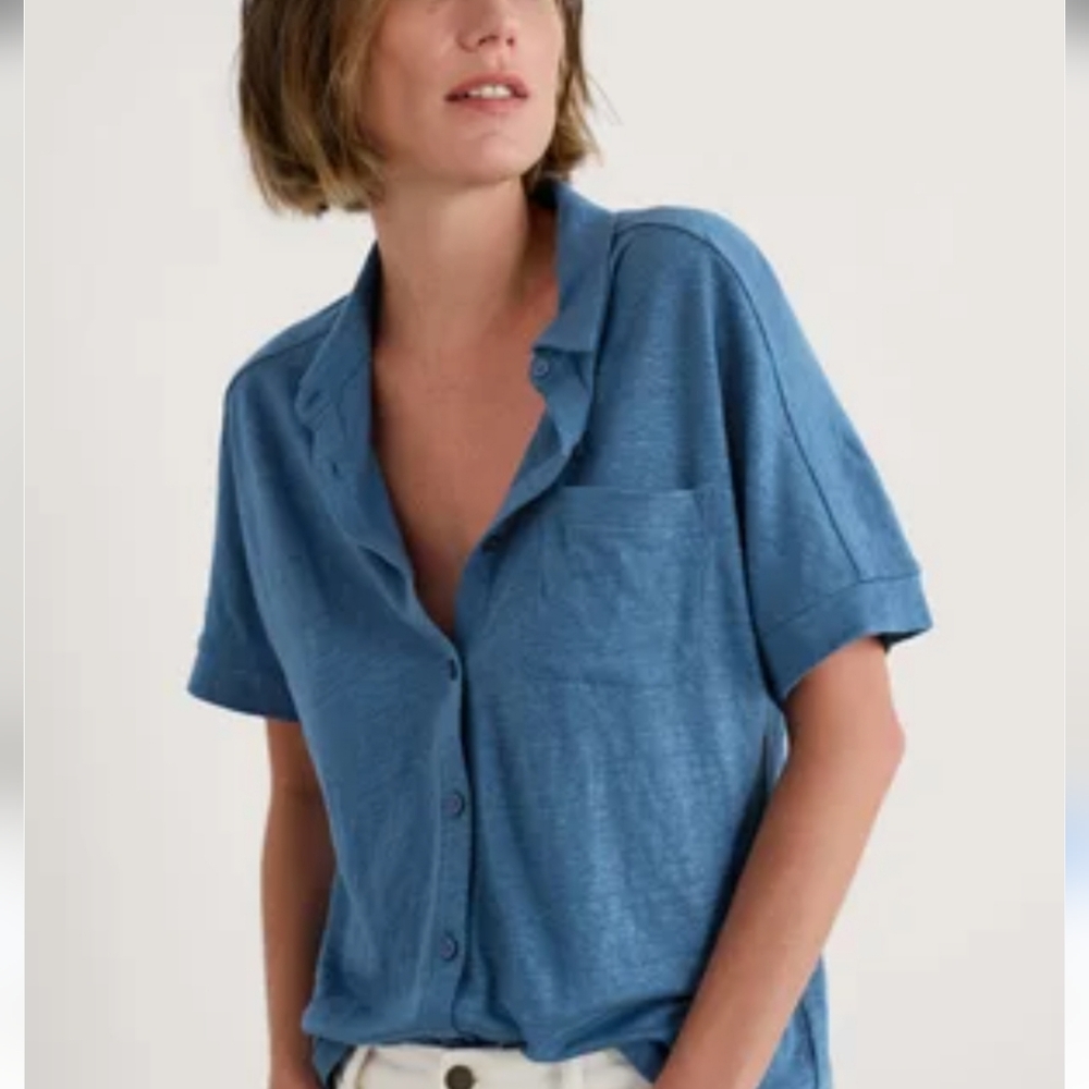 Puro Lino 100% Linen Button Up Blue Top Blouse